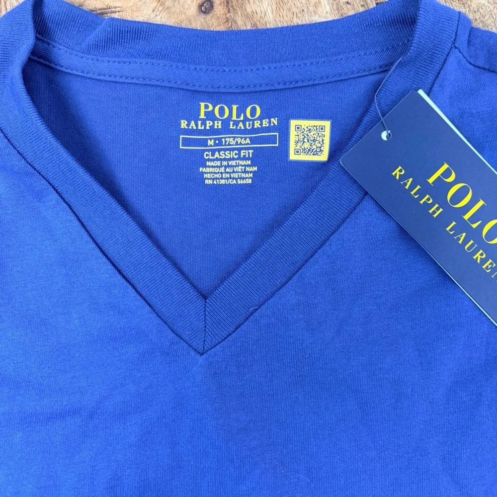 Polo Ralph Lauren V-Neck T-Shirt Medium Blue Classic Fit Orange Pony Cotton Tee
